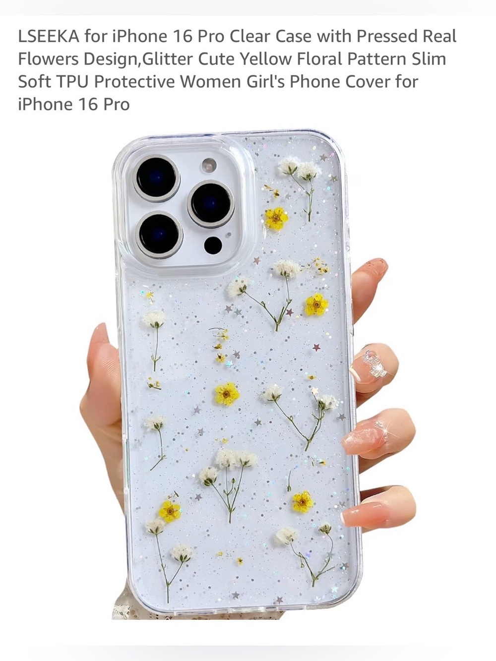iPhone 16 Pro Clear Case with Yellow Pressed Flowers design glitter